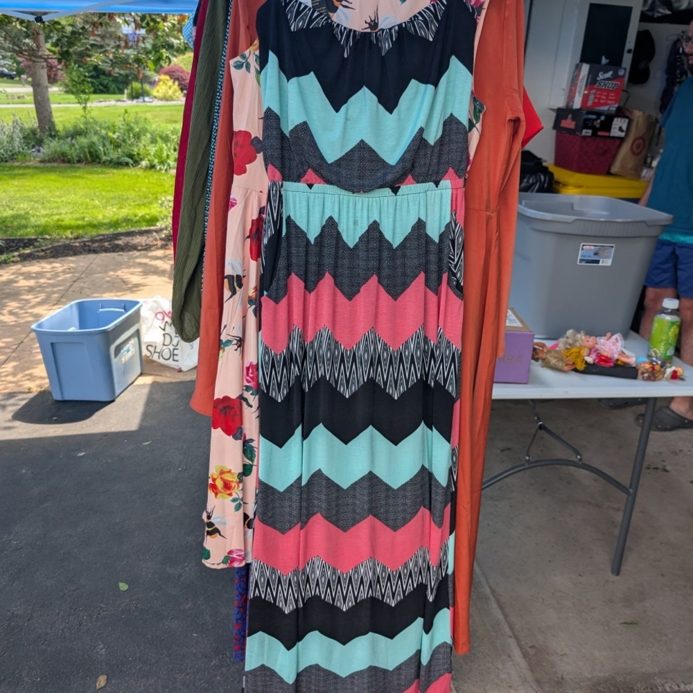 Trixxi Chevron Maxi Dress in Black, Pink, and Teal